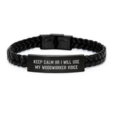 Unique Woodworker Gifts from Friends for Christmas Woodworking Leather Interlaced Bracelet, Funny 'Keep Calm' Stainless Steel PU Leather Engraved - Image 1